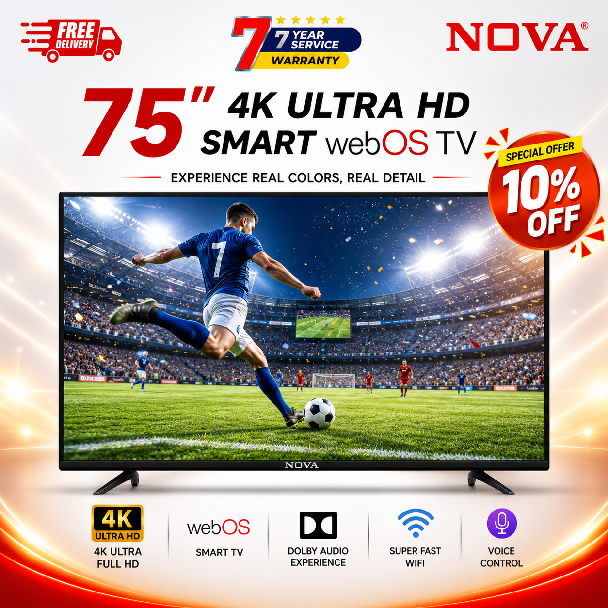 NOVA 75” 4K UHD Smart WebOS TV NV-7502 WVR | Dolby Atmos | Voice Control | AirPlay | HomeKit | WiFi | Free Installation