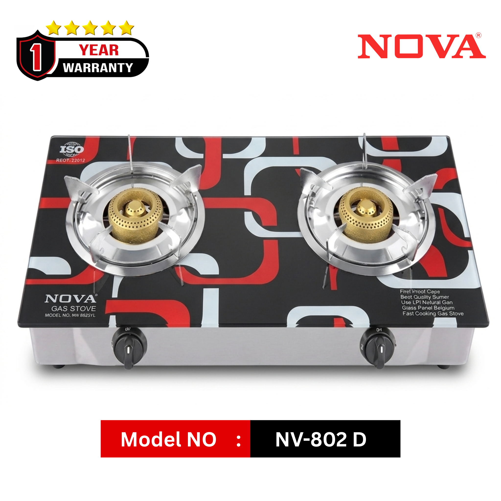 NOVA NV-802 Glass Top Double Burner Gas Stove