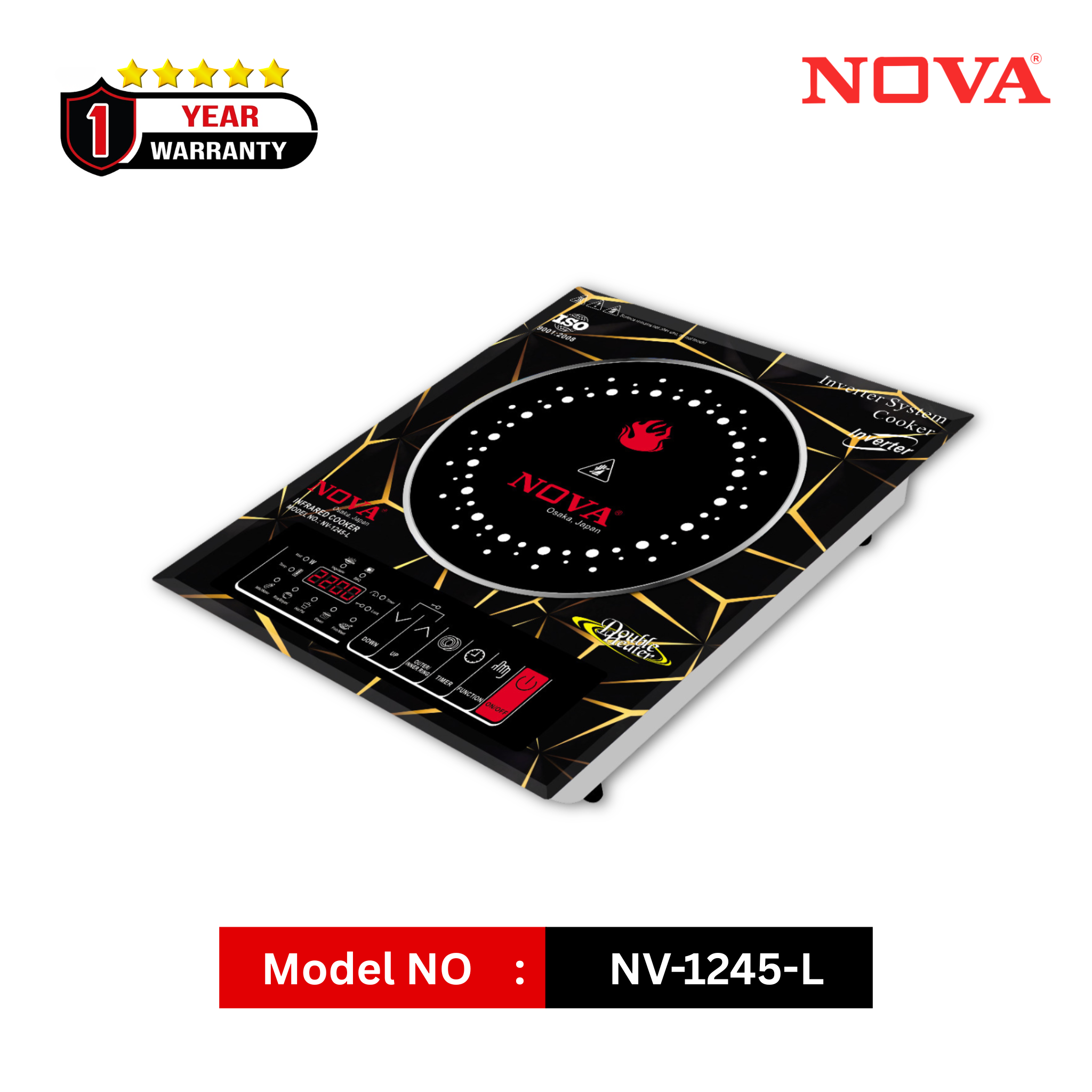 NOVA Infrared Cooker | NV-1245-L | 2400W Double Heater | Inverter Friendly | Touch & Knob Control