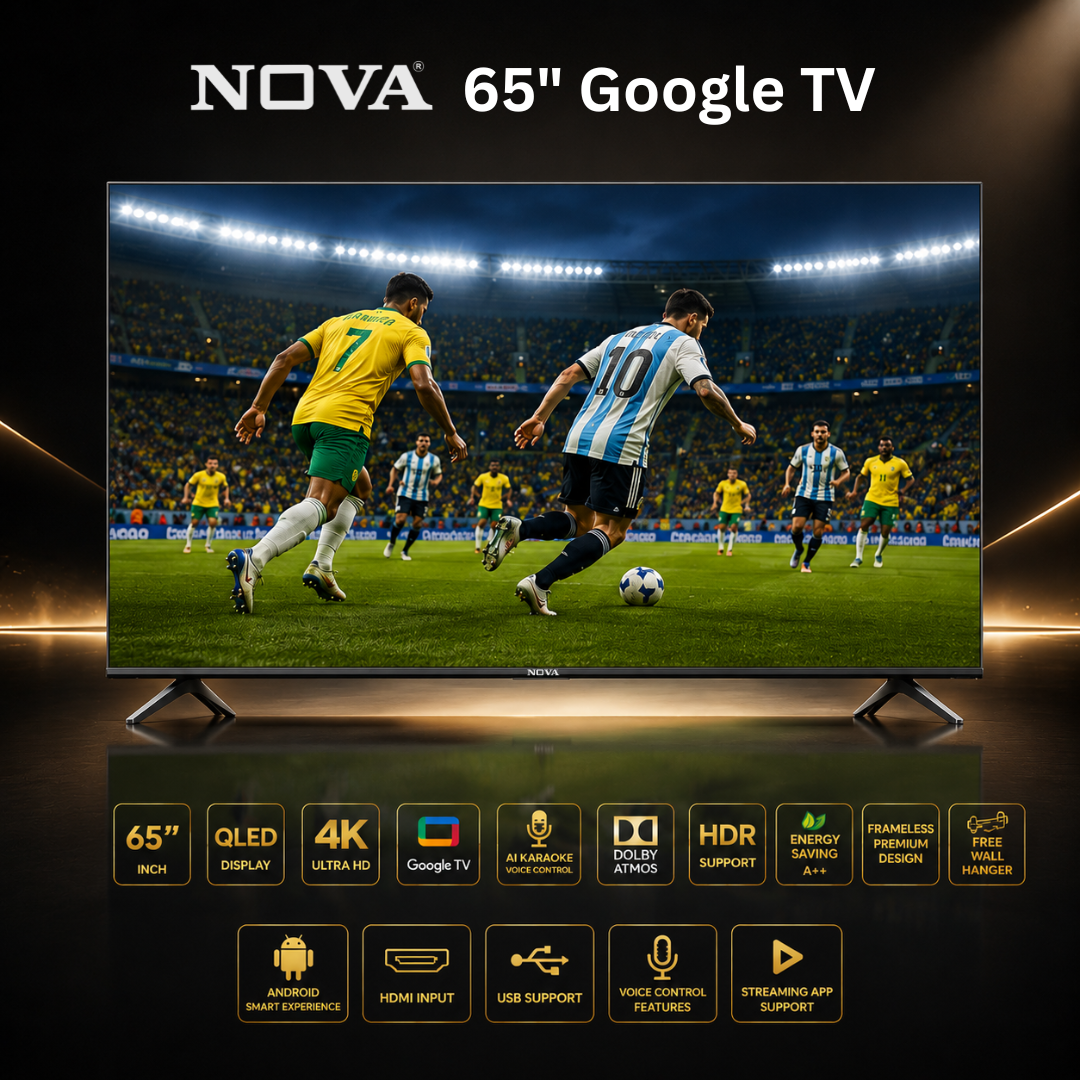 NOVA 65” Double 4K QLED Frameless Google TV NV-6551-A | Android 15 | Dolby Atmos | Voice Control Remote | 3 Years Panel Warranty