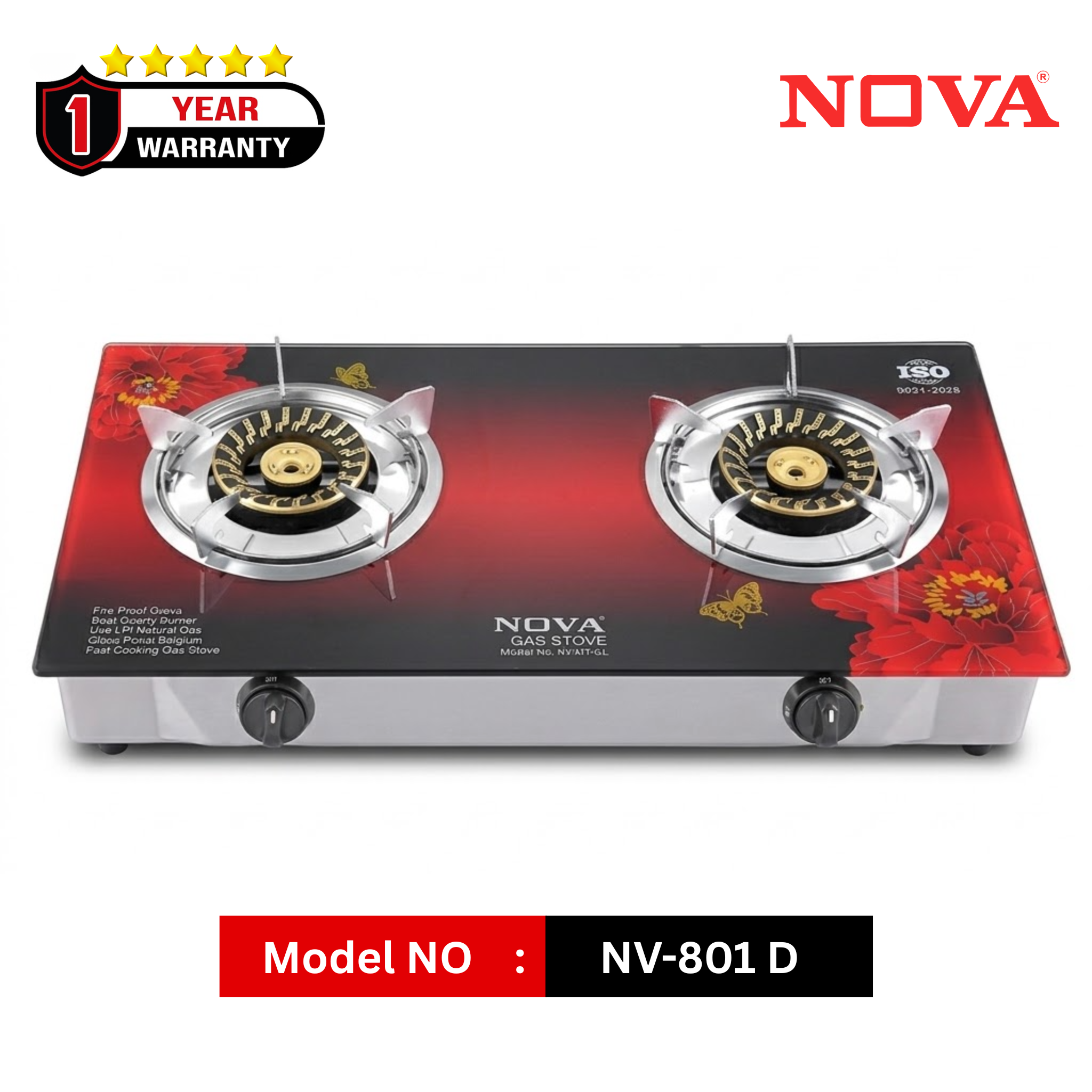 NOVA NV-801 Glass Top Double Burner Gas Stove
